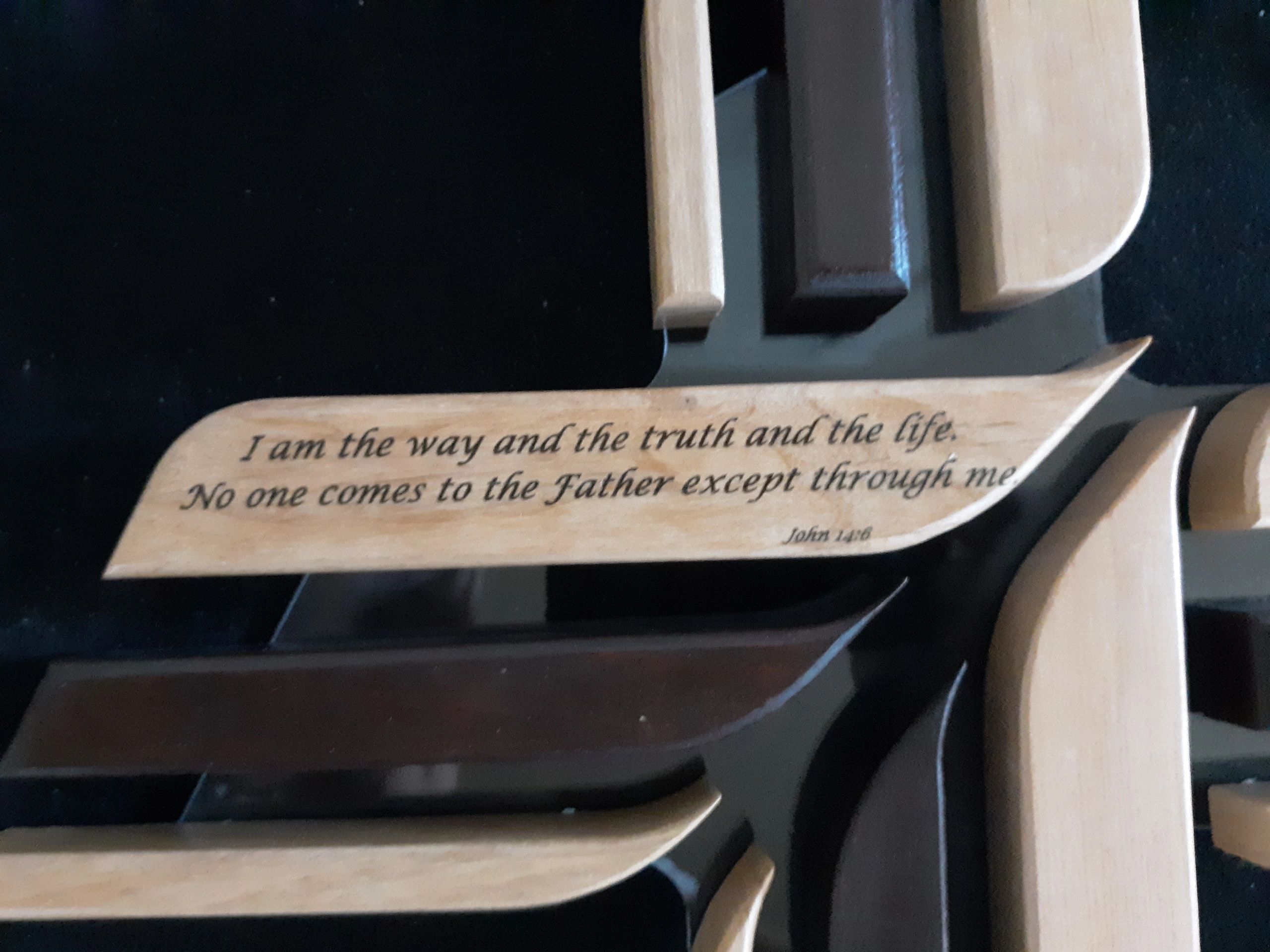 Church pew with John 14:6 engraving